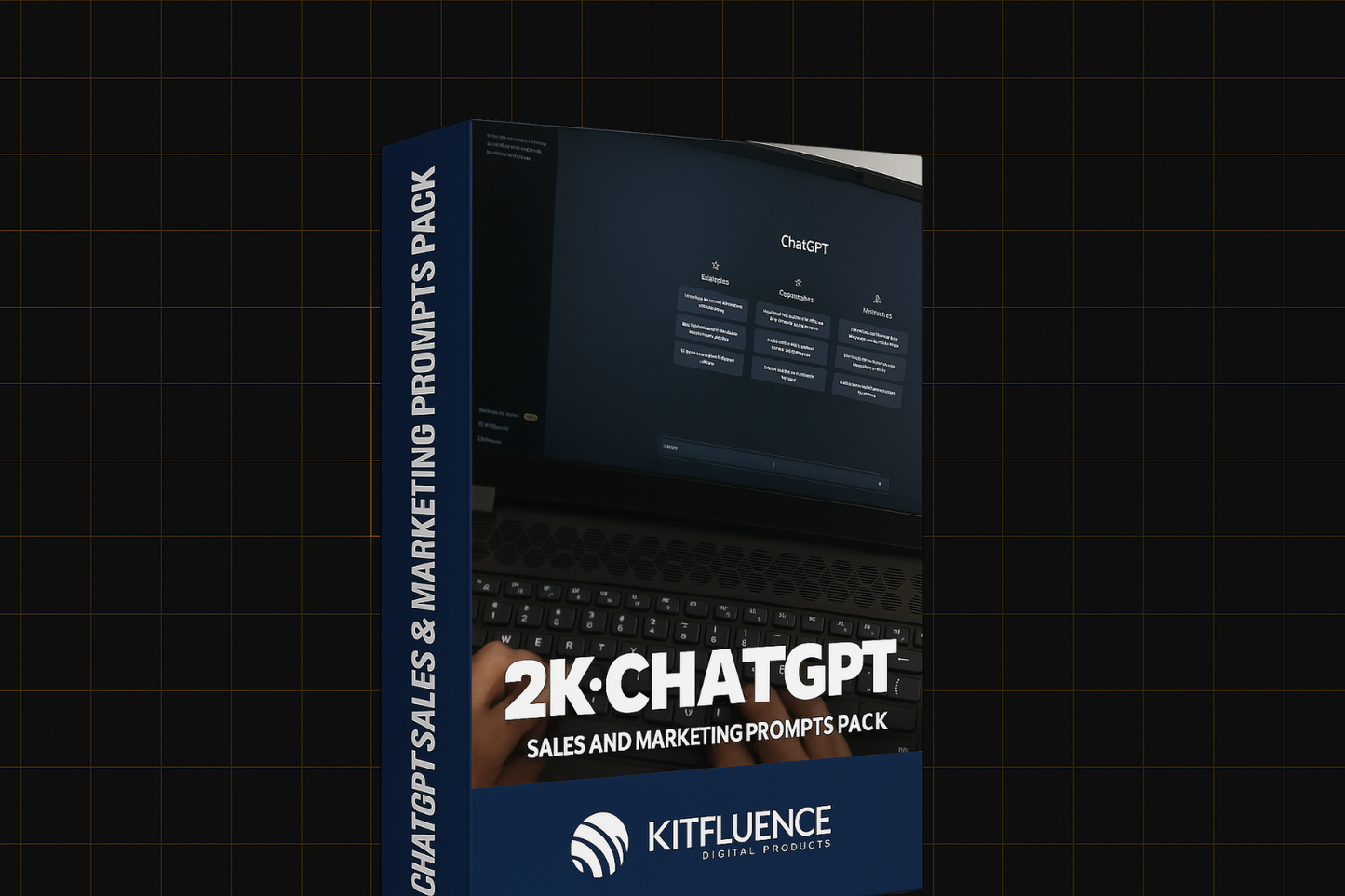 "3D box mockup of the "2K ChatGPT Sales & Marketing Prompts Pack" featuring the Kitfluence logo and a modern digital design."