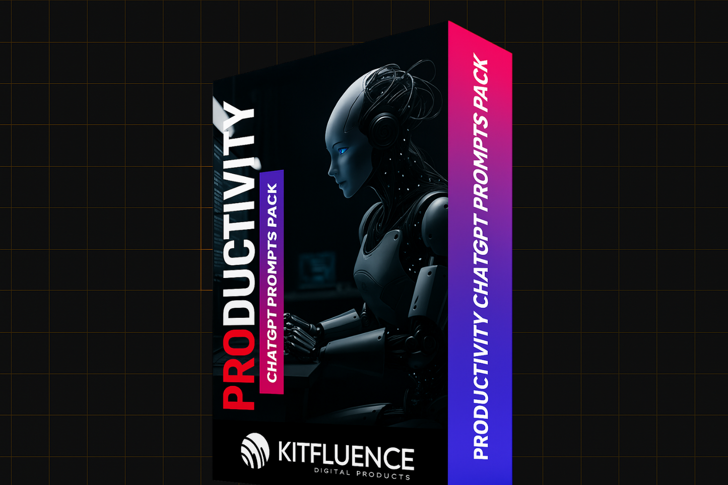 "Product box for āProductivity ChatGPT Prompts Packā by Kitfluence featuring a futuristic robot working at a computer, black and purple-blue gradient box design."