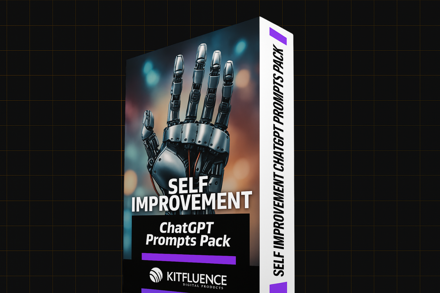 "Self Improvement ChatGPT Prompts Pack box by Kitfluence, featuring a futuristic robotic hand on a colorful tech background, premium digital download for personal development."