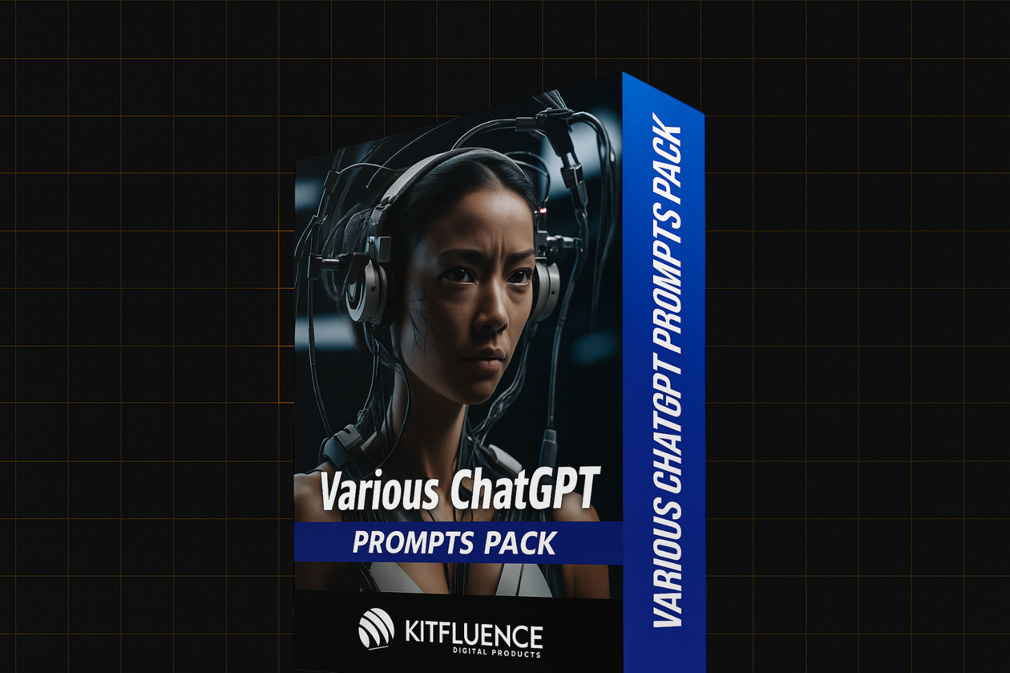 "Box mockup of “Various ChatGPT Prompts Pack” by Kitfluence, featuring futuristic AI design and digital interface background."