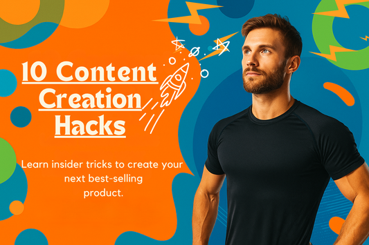 Confident man next to bold text that reads “10 Content Creation Hacks” on a vibrant, modern background—designed for digital product creators.