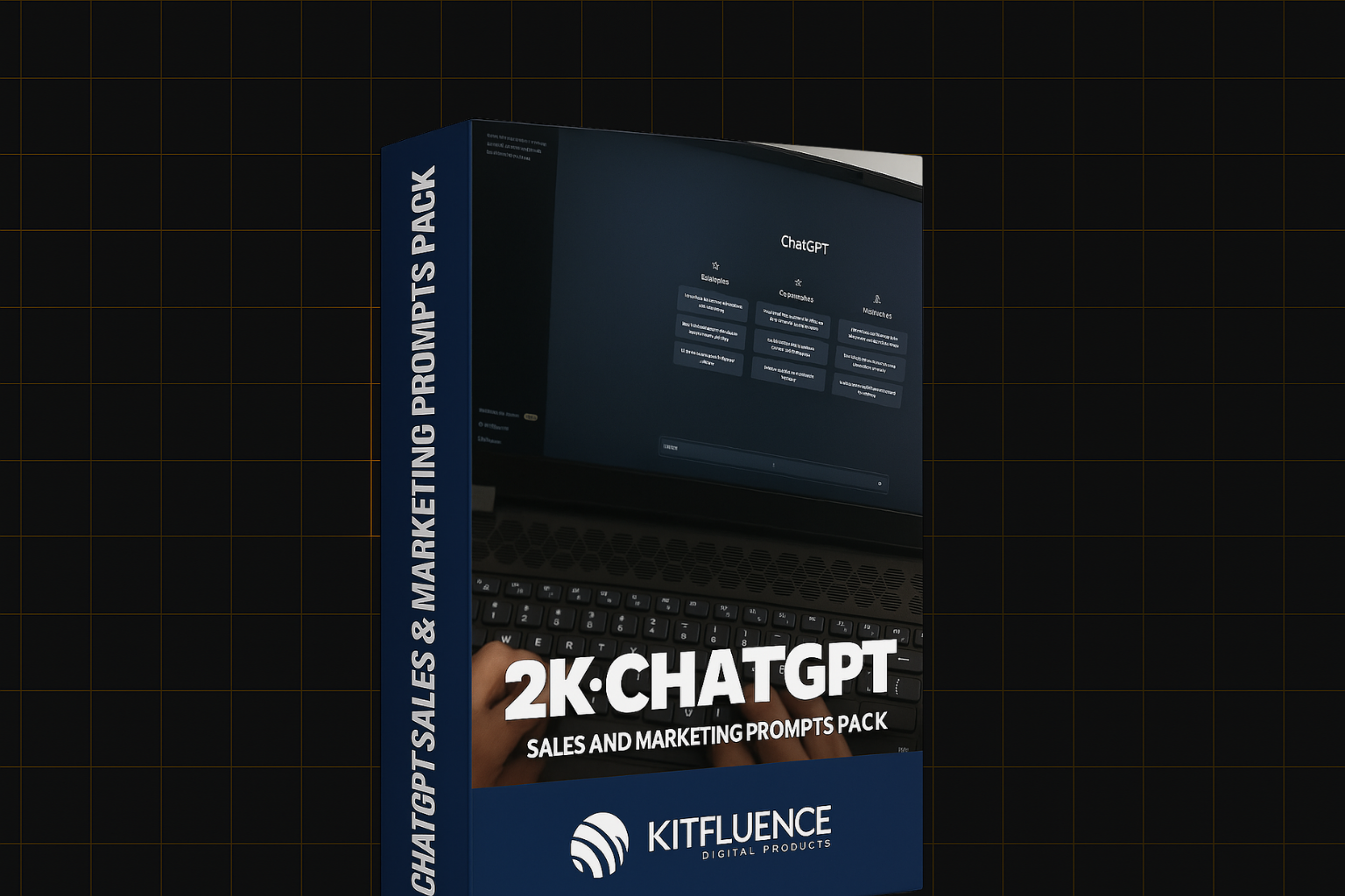 "3D box mockup of the "2K ChatGPT Sales & Marketing Prompts Pack" featuring the Kitfluence logo and a modern digital design."
