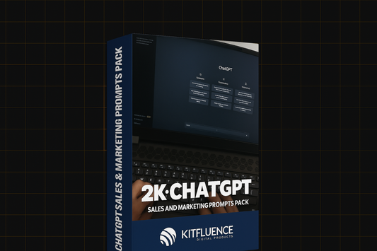 "3D box mockup of the "2K ChatGPT Sales & Marketing Prompts Pack" featuring the Kitfluence logo and a modern digital design."