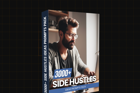 "Use the literal cover name, e.g.:
3D box cover of "3000+ Side Hustles Ideas Prompts Pack" featuring a man working on a laptop."