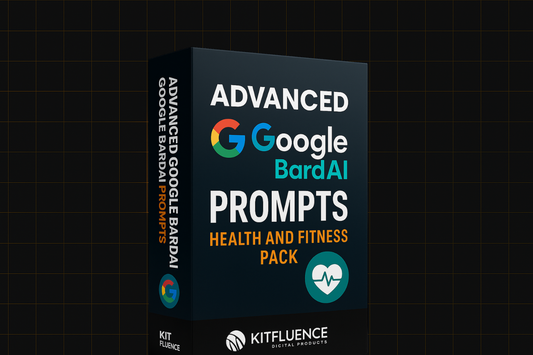 "A modern packaging box for the Advanced Google BardAI Prompts – Health and Fitness Pack, featuring the Kitfluence logo and health-themed graphics."