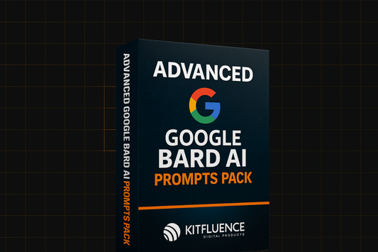 "3D box cover for “Advanced Google Bard AI Prompts Pack” by Kitfluence, featuring a Google logo on a sleek dark background with orange accents."