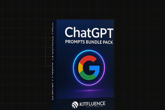 "3D-rendered product box for "ChatGPT Prompts Bundle Pack" from Kitfluence, featuring a glowing Google logo and deep blue gradient design."