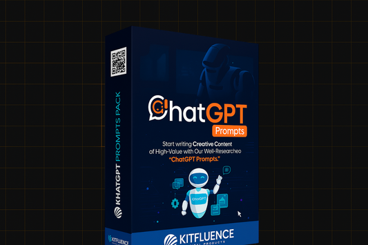 "3D product box titled “ChatGPT Prompts Pack by Kitfluence,” featuring a digital robot and ChatGPT branding."