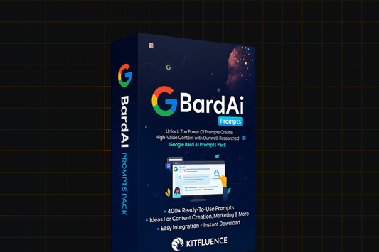 "3D-rendered product box for "Google BardAI Prompts Pack" by Kitfluence, featuring the Google BardAI logo, icons, and key features on a dark blue background."
