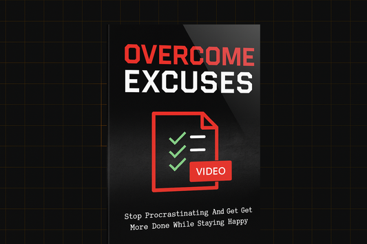 "DVD case and disc for “Overcome Excuses” video course, featuring a bold black and red design with checklist icon."
