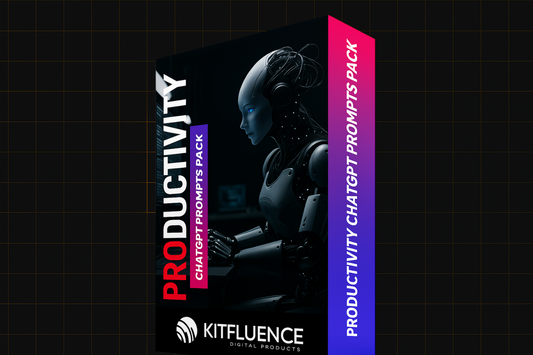 "Product box for “Productivity ChatGPT Prompts Pack” by Kitfluence featuring a futuristic robot working at a computer, black and purple-blue gradient box design."