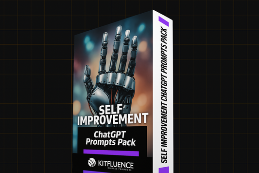 "Self Improvement ChatGPT Prompts Pack box by Kitfluence, featuring a futuristic robotic hand on a colorful tech background, premium digital download for personal development."