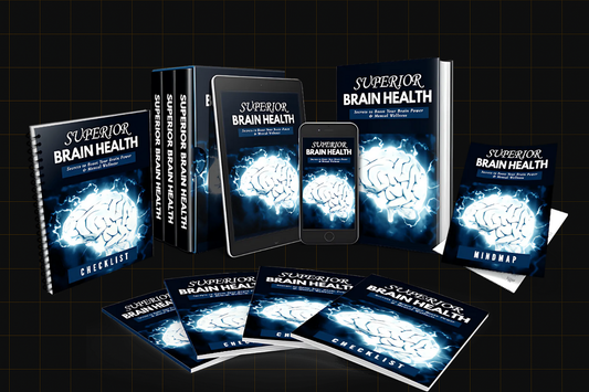 "Mockup display of the Superior Brain Health digital product bundle featuring multiple ebook versions, a checklist, a mindmap, and device previews of the content on tablet and smartphone."