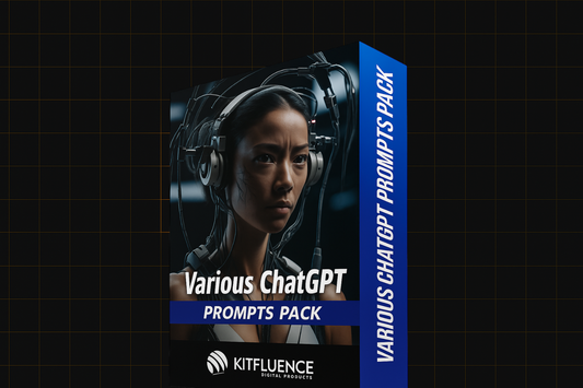 "Box mockup of “Various ChatGPT Prompts Pack” by Kitfluence, featuring futuristic AI design and digital interface background."