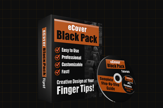“eCover Black Pack product box and DVD featuring easy eCover design tools and marketing materials”